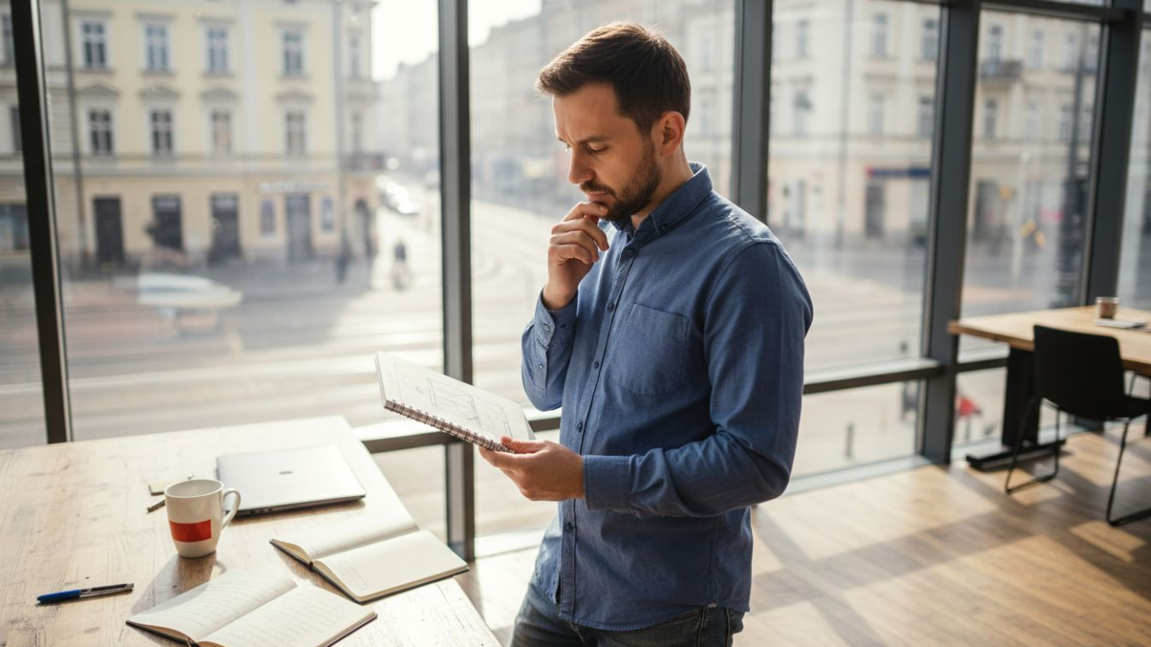 Polish SMB owner planning website near window