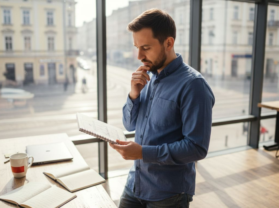 Polish SMB owner planning website near window