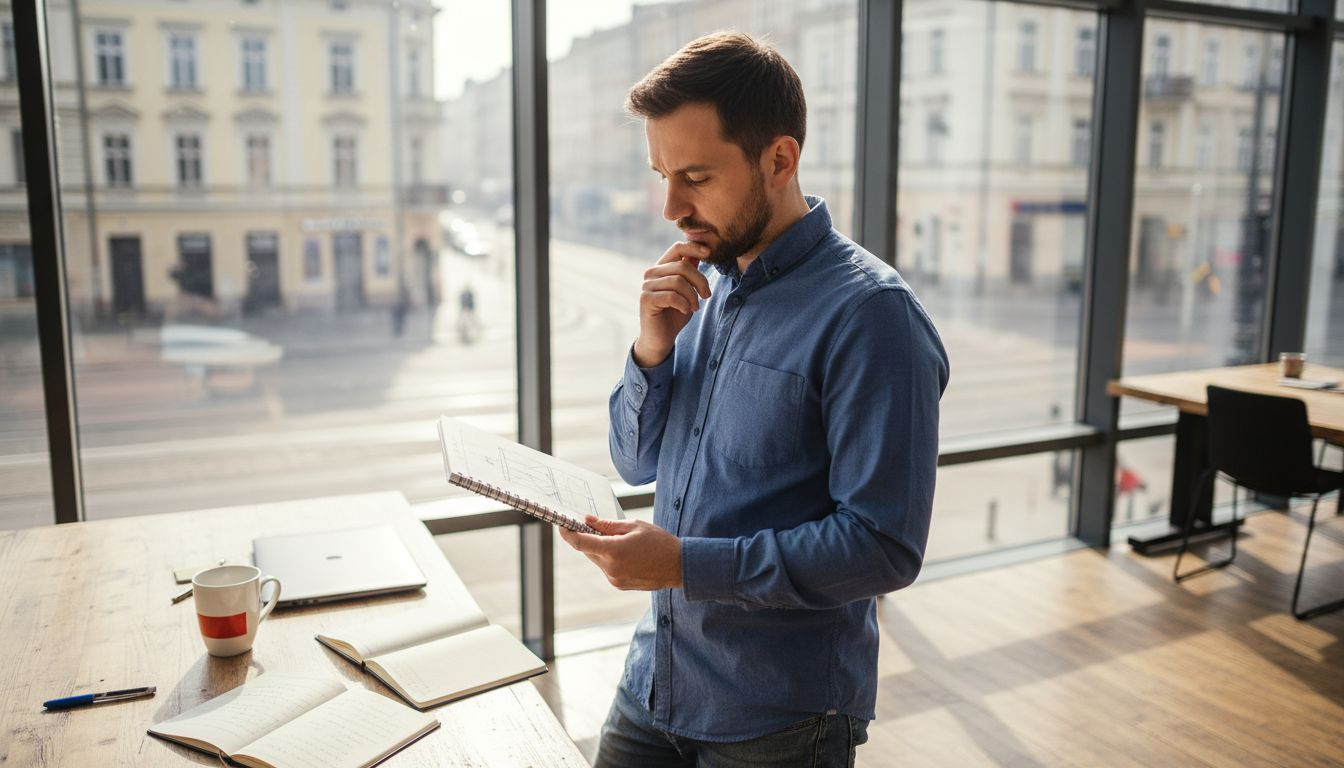 Polish SMB owner planning website near window