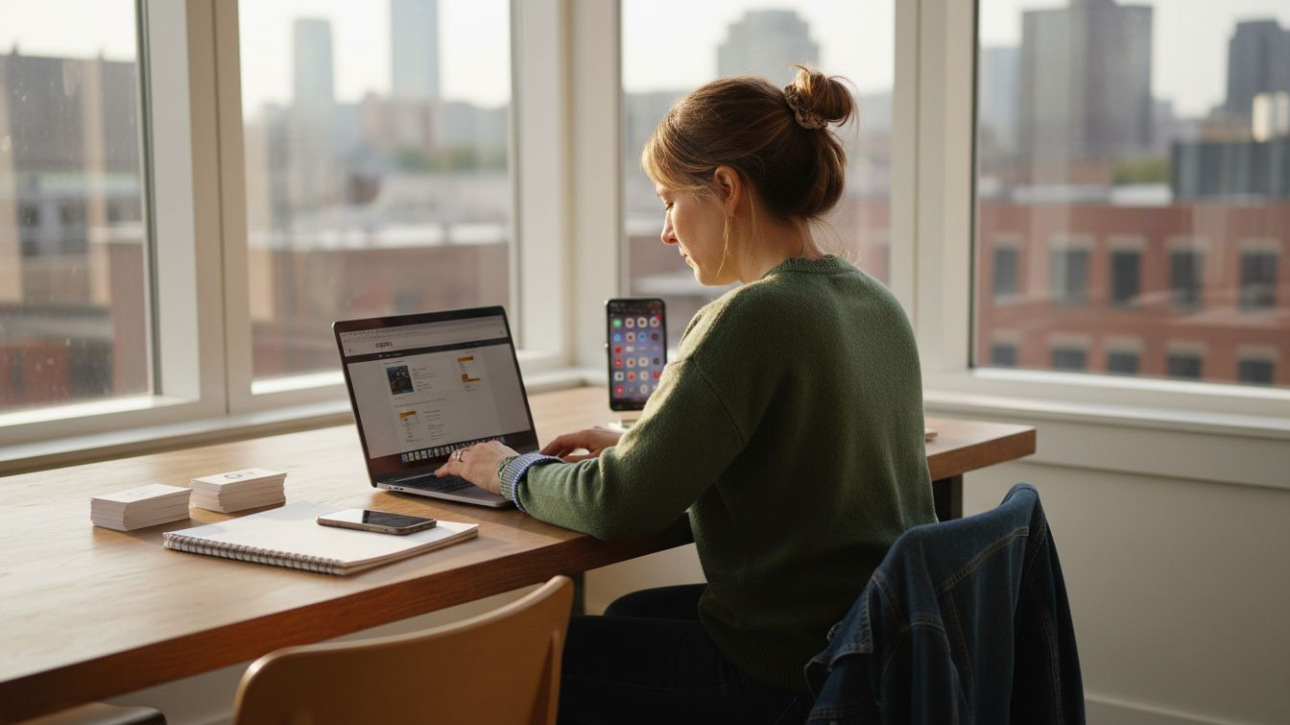 Business owner updating website in office