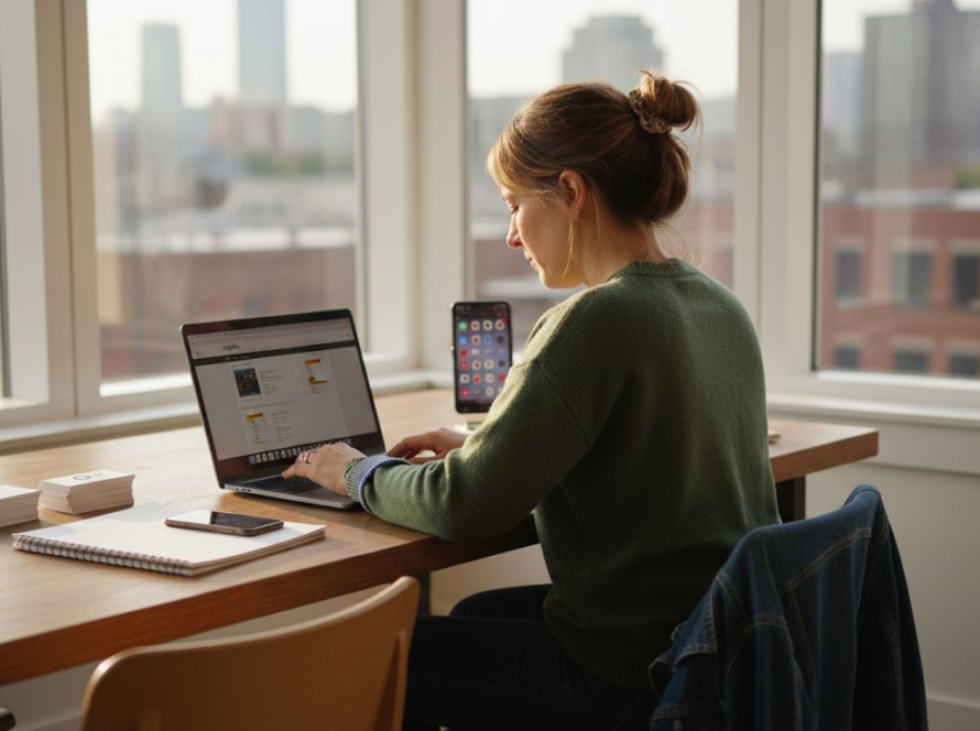Business owner updating website in office