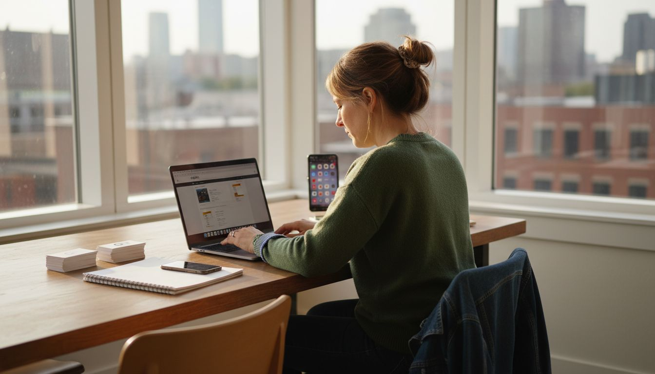 Business owner updating website in office