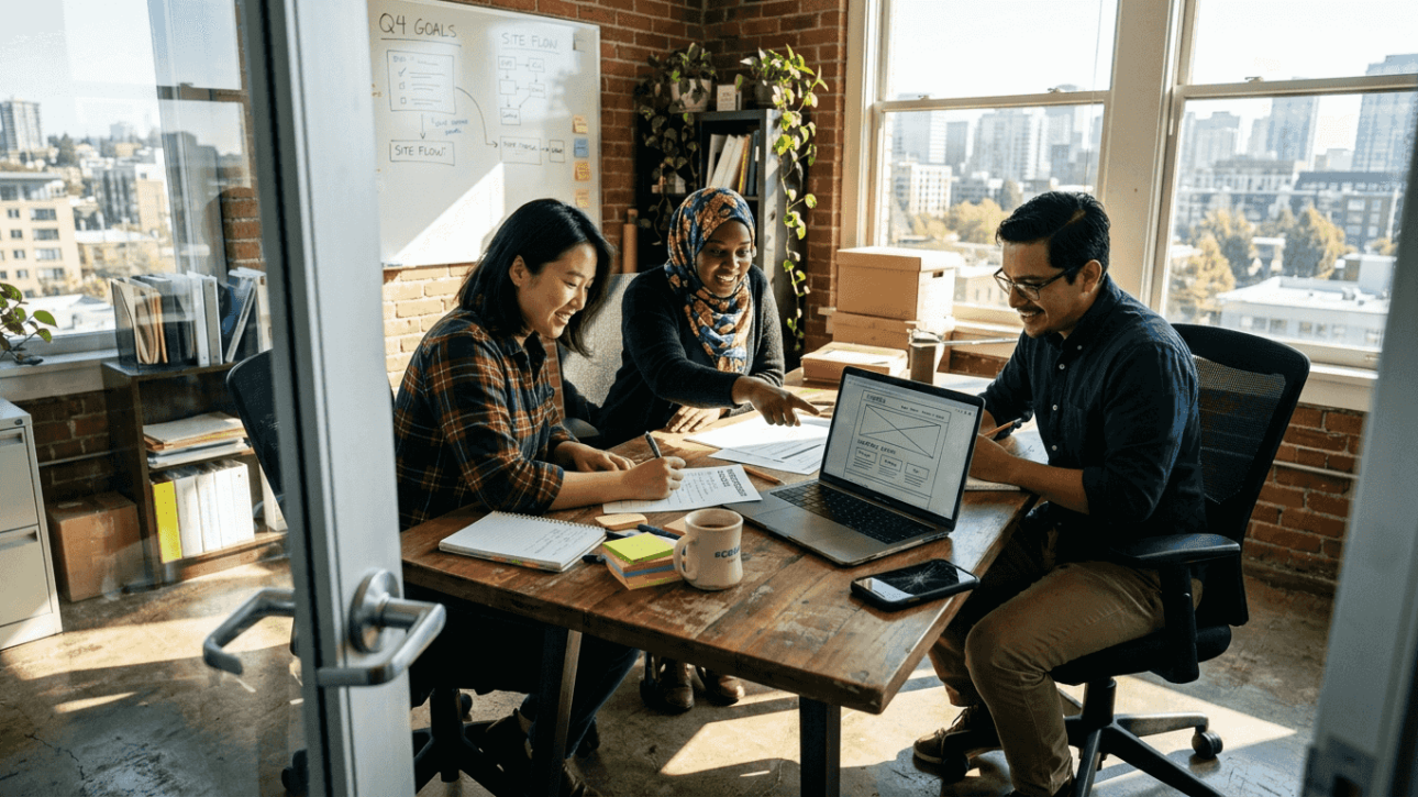 Team plans website redesign in office setting