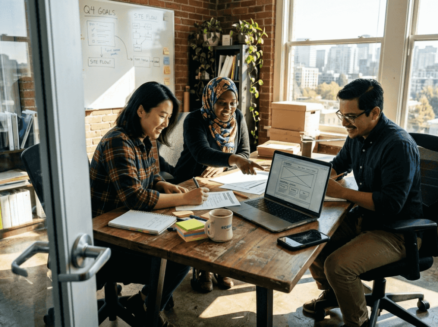 Team plans website redesign in office setting