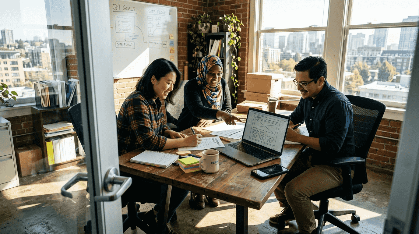 Team plans website redesign in office setting